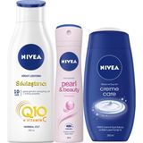 Nivea Q10 Fırmıng 250 ml + Nivea Pearl Beauty Sprey 150 ml + Nivea Crème Care 250 ml Duş Jeli