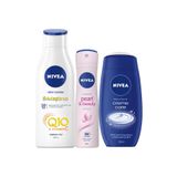 NIVEA Q10 Fırmıng 250 ml + Pearl Beauty Sprey 150 ml + Crème Care 250 ml Duş Jeli