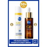 NIVEA Q10 SPF50 Güneş Koruyucu Yüz Bakım Kremi 40ml ve Kırışıklık Karşıtı Çift Etkili Cilt Serumu 30ml