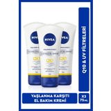 NIVEA Q10 Yaşlanma Karşıtı 3 Etkili El Bakım Kremi 75ml, UV Filtresi, Nemlendirici, Eşit Cilt Tonu,X3 Adet