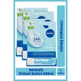 NIVEA Renksiz Dudak Bakım Kremi Hydro Care 4.8gr, 24 Saat Nemlendirici, SPF15 Güneş Koruyucu, X3 Adet