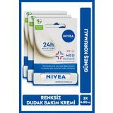 NIVEA Renksiz Dudak Bakım Kremi Med Repair 4.8gr, 24 Saat Nem, Güneş Koruyucu, SPF15, X3 Adet
