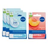 NIVEA Şeftali Dudak Bakım Kremi (4,8 g), 24 Saat Nem, Doğal Yağlar, Şeftali Kokusu + NIVEA Hydro Care Dudak Bakım Kremi, Aloe Vera, Saf Su ve Doğal Yağlar, SPF 15, Gün Boyu Dudak Bakımı (4,8g) x3