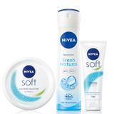 NIVEA Soft Krem 300ml, Nemlendirici Bakım Kremi, Yüz, Vücut, El, Jojoba Yağı ve E Vitamini ile Cilt Bakımı ve NIVEA Kadın Sprey Deodorant Fresh Natural 150ml, ve NIVEA Soft 75 ml, El Kremi