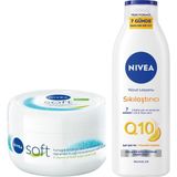 NIVEA Soft Nemlendirici Bakım Kremi 300 ml, 48 Saat Nemlendirme, Jojba Yağı,E Vitamini, Yüz,El,Vücut İçin,Paraben İçermez + NIVEA Q10 Sıkılaştırıcı Vücut Losyonu 250 ml