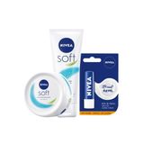 NIVEA Soft Nemlendirici El Yüz Vücut Kremi 75ml + 200ml + Dudak Nemlendirici Kremi Seti