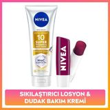 Nivea SPF15 SUPER10 Aydınlatıcı,sıkılaştırıcı Vücut Losyonu 170ML ve Böğürtlen Renkli Dudak Bakım Kremi