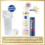 Nivea SPF30 Luminous630 Leke Karşıtı CC Krem Açık Ton 40ml ve Pembe Renkli Dudak Kremi, Pamuk Hediye