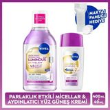 Nivea SPF50 Güneş Koruyucu LUMINOUS630 Skin Glow Yüz Kremi ve Micellar Makyaj Temizleme Suyu,pamuk Hediye