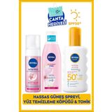NIVEA SUN Anında Güneş Koruyucu Vücut Spreyi 200ml SPF50, Yüz Temizleme Köpüğü, Tonik 200ml, Çanta Hediye