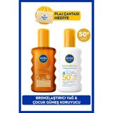 NIVEA SUN Bronzlaştırıcı Güneş Yağı 200ml SPF6 ve Çocuk Güneş Koruyucu Sprey 200ml SPF50+ Set, Plaj Çantası Hediyeli