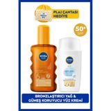 NIVEA SUN Bronzlaştırıcı Güneş Yağı 200ml ve SPF50+ Hafif Dokulu Güneş Koruyucu Yüz Kremi 40ml Set, Çanta Hediyeli
