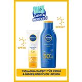 NIVEA SUN Güneş Koruyucu Vücut Losyonu 200ml ve Q10 Yaşlanma Karşıtı Yüz Kremi 50ml, SPF50, Çanta Hediye