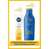 Nivea SUN Güneş Koruyucu Vücut Losyonu SPF50 200ml ve Q10 Yaşlanma Karşıtı Yüz Bakım Kremi SPF50 50ml