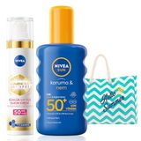 NIVEA SUN Güneş Koruyucu Vücut Spreyi 200ml, Luminous630 Leke Karşıtı Yüz Kremi 40ml, SPF50, Çanta Hediye