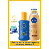 NIVEA SUN Güneş Koruyucu Vücut Spreyi 200ml SPF50 ve Q10 Sıkılaştırıcı Bronzluk Losyon 200ml, Çanta Hediye