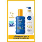 NIVEA SUN Güneş Koruyucu Vücut Spreyi 200ml SPF50 ve Q10 Sıkılaştırıcı Vücut Losyonu 200ml, Çanta Hediye