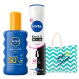 NIVEA SUN Güneş Koruyucu Vücut Spreyi 200ml, SPF50 ve Sprey Deodorant Black & White Invisible Clear 150ml, Çanta Hediyeli