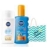 NIVEA SUN Hafif Dokulu Güneş Yüz Kremi 40ml ve Koruyucu Bronzlaştırıcı Güneş Spreyi 200ml, SPF50, Çantalı