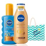 NIVEA SUN Koruma Bronzluk Güneş Spreyi 200ml ve Q10 Sıkılaştırıcı Bronzlaştırıcı Losyon 200ml,Çanta Hediye