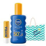 NIVEA SUN Koruma ve Nem Vücut Spreyi 200ml ve Yüksek Güneş Korumalı Dudak Bakım Kremi, SPF50, Çanta Hediye