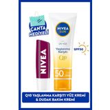 NIVEA SUN Q10 Yaşlanma Karşıtı Güneş Koruyucu Yüz Kremi 50ml ve Böğürtlen Dudak Bakım Kremi, Çanta Hediye
