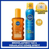 Nivea Sun SPF50 Ferahlatıcı Güneş Koruyucu Sprey 200ML ve Bronzlaştırıcı Güneş Yağı 200ML, Çanta Hediye