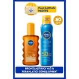 NIVEA SUN SPF50 Ferahlatıcı Güneş Koruyucu Sprey 200ml ve Bronzlaştırıcı Güneş Yağı 200ml Set, Plaj Çantası Hediyeli