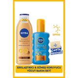 NIVEA SUN SPF50 Güneş Koruyucu Bronzlaştırıcı Sprey 200ml ve Sıkılaştırıcı Losyon 250ml, Çanta Hediyeli