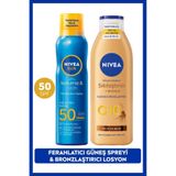 NIVEA SUN SPF50 Güneş Koruyucu Ferahlatıcı Sprey 200ml ve Q10 Sıkılaştırıcı Bronzluk Vücut Losyonu 250ml Set