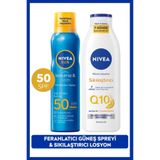 NIVEA SUN SPF50 Güneş Koruyucu Ferahlatıcı Sprey 200ml ve Q10 Sıkılaştırıcı Vücut Losyonu 250ml Set