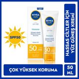 NIVEA SUN SPF50 Güneş Koruyucu Hassas Yüz Kremi 50ml, Hassas ve Alerjik Ciltlere Özel, Nemlendirici, Parfümsüz