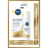 NIVEA SUN SPF50+ Güneş Koruyucu Primer Nemlendirici Makyaj Bazı 30ml, Hyaluron, Antioksidan, Parfümsüz