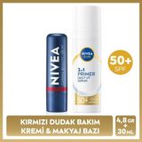 Nivea Sun SPF50 Güneş Koruyucu Primer Nemlendirici Makyaj Bazı30 ml Ve Kırmızı Renk Nemlendirici Dudak Krem