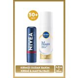 NIVEA SUN SPF50 Güneş Koruyucu Primer Nemlendirici Makyaj Bazı30ml ve Kırmızı Renk Nemlendirici Dudak Krem