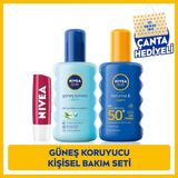 NIVEA SUN SPF50 Güneş Koruyucu Sprey 200ml, Güneş Sonrası Nemlendirici Vücut Bakım Spreyi 200ml, Kiraz Renkli Dudak Bakım Kremi, Çanta Hediyeli, Kişisel Bakım Seti