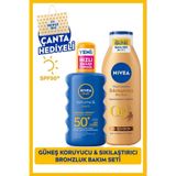 NIVEA SUN SPF50+ Güneş Koruyucu Sprey 200ml ve Q10 Bronzlaştırıcı Sıkılaştırıcı Losyon 250ml, Çanta Hediye