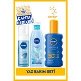 NIVEA SUN SPF50 Güneş Koruyucu Sprey 200ml, Yüz Temizleme Köpüğü 150ml ve Tonik 200ml, Plaj Çantası Hediye