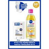 NIVEA SUN SPF50 Güneş Koruyucu Stick Yüz Kremi ve Aydınlatıcı Makyaj Temizleme Suyu 200ml, Pamuk Hediye