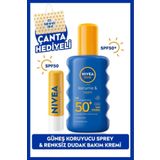 NIVEA SUN SPF50 Güneş Koruyucu Vücut Spreyi 200ml ve Renksiz Nemlendirici Dudak Bakım Kremi,Çanta Hediyeli
