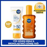 Nivea Sun SPF50+ Güneş Koruyucu Yüz Kremi 40ML ve Bronzlaştırıcı Güneş Yağı 200ML, Plaj Çantası Hediye