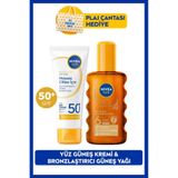NIVEA SUN SPF50+ Güneş Koruyucu Yüz Kremi 40ml ve Bronzlaştırıcı Güneş Yağı 200ml Set, Plaj Çantası Hediye