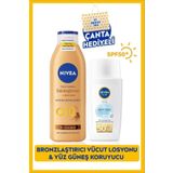 NIVEA Sun Spf50 Hafif Dokulu Yüz Güneş Kremi 40ml Ve Q10 Sıkılaştırıcı Bronzluk Losyon 250ml, Çanta Hediye