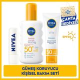 NIVEA SUN SPF50 Hassas Güneş Koruyucu Vücut Spreyi 200ml, Yüz Güneş Koruyucu 50ml, Renksiz Dudak Bakım Kremi, Plaj Çantası Hediye, Kişisel Bakım Seti, Güneş Bakım