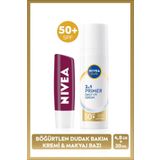 NIVEA SUN SPF50 Primer Nemlendirici Makyaj Bazı 30ml ve Böğürtlen Nemlendirici Dudak Kremi ve Parlatıcısı