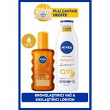 Nivea Sun Spf6 Bronzlaştırıcı Güneş Yağı 200ML ve Q10 Sıkılaştırıcı Vücut Losyonu, Plaj Çantası Hediye