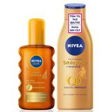 NIVEA SUN Yoğun Bronzlaştırıcı Güneş Spreyi 200ml ve Q10 Sıkılaştırıcı Vücut Losyonu 200ml,