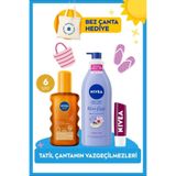 NIVEA Tatil Seti, Bronzlaştırıcı Güneş Yağı SPF6, Nemlendirici Vücut Losyonu, Böğürtlen Dudak Kremi, Bez Çanta Hediye