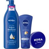 NIVEA Yoğun Nemlendirici El Kremi 75ml + Besleyici Vücut Sütü 400 ml + Nemlendirici Bakım Kremi 30 ml