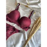 Nivene Dantelli Lastiği Taşlı Balenli Destekli Dolgulu Push Up Bordo Ve String Iç Çamaşırı Takımı - 80B - Mürdüm